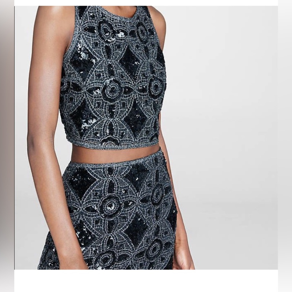 New 2-Piece Crocheted Sequin Crop Top and Pencil Skirt from express color black